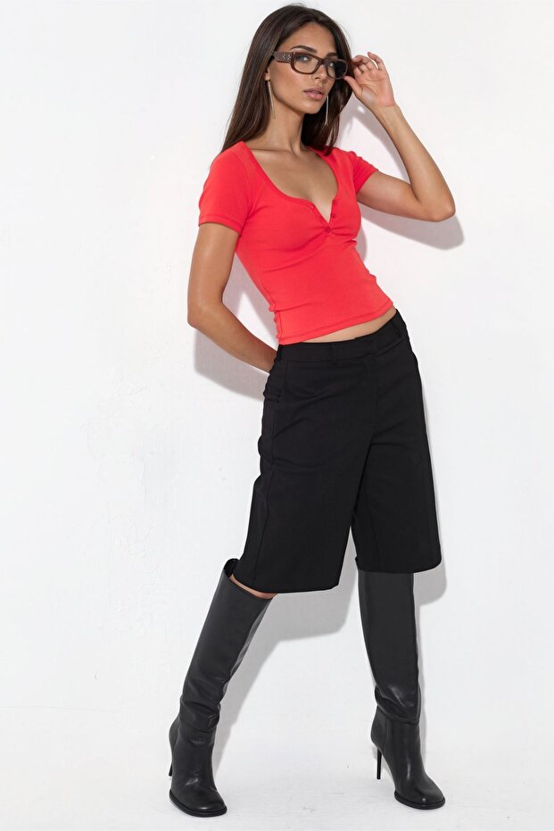 Busem Buttoned Short Sleeve V-Neck Knitted Blouse - 2