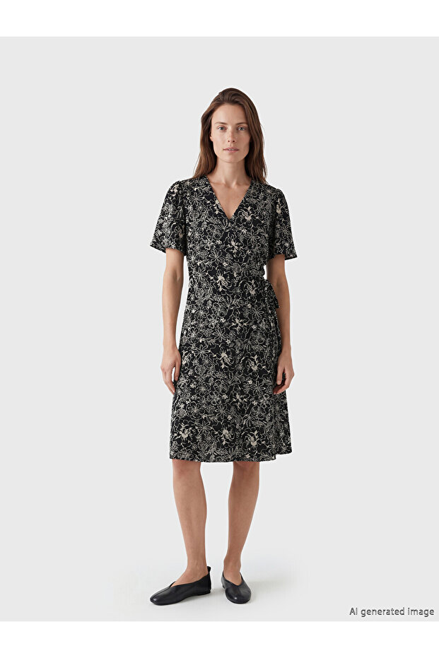 Nevavm V-Neck Belted Waist Poplin Dress with a Difference