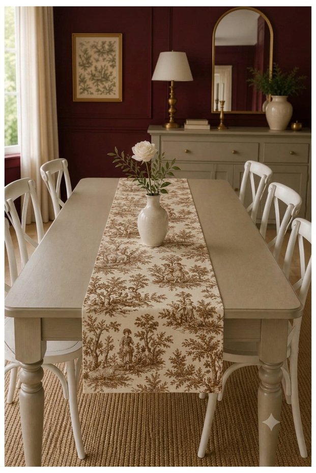 Milky Brown French Country Patterned Duck Fabric Runner 40X140 Vintage Country Stylish Decorative Tablecloth