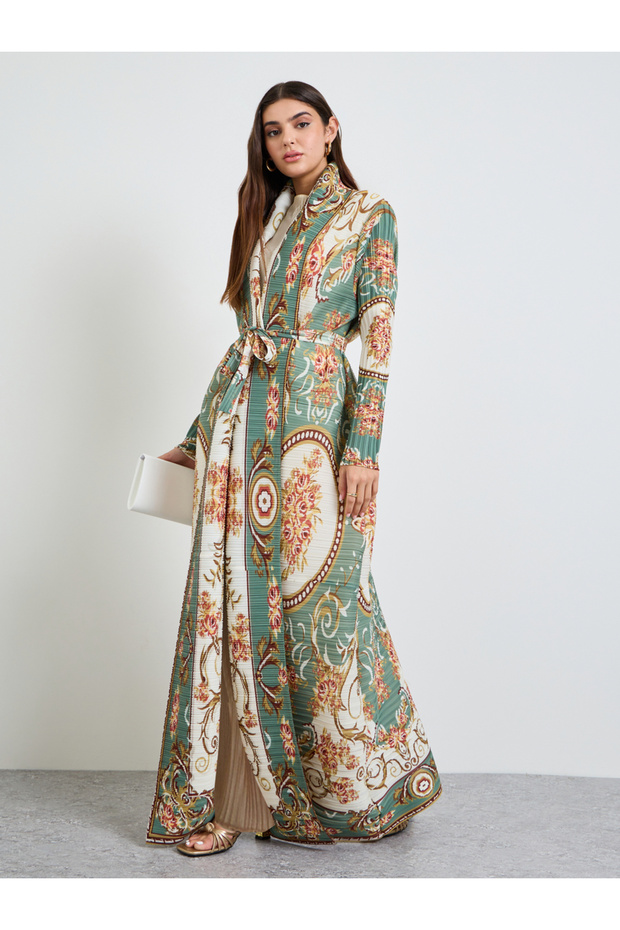 Green All Over Print Plisse Abaya with Tie-Belt