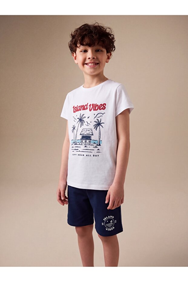 Boy's Combed Cotton 2-Piece Set with Pre-Printed T-Shirt and Printed Shorts Navy Blue