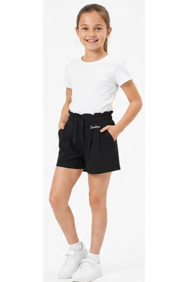 Girl's Sunshine Text Embroidered Black Color Combed Cotton Shorts with Elastic Waist and Drawstring Pockets