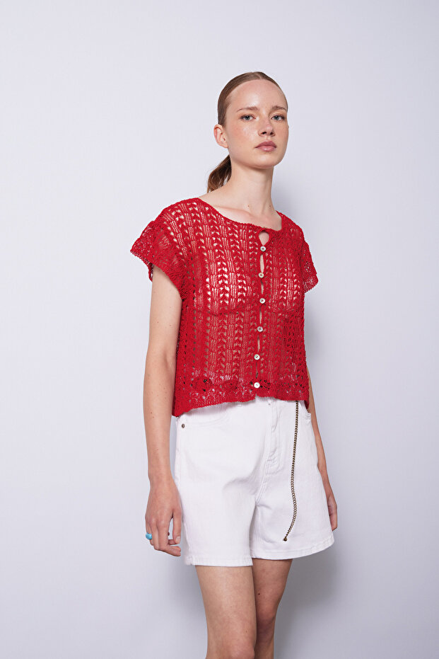 Ajurlu Tricot Knitted Cardigan Red