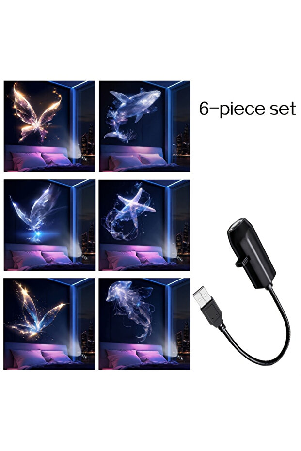 مصباح ليلي LED يعمل بالطاقة عبر USB، أسود اللون، يعرض أنماط المحيط والفراشات والحيتان وقناديل البحر