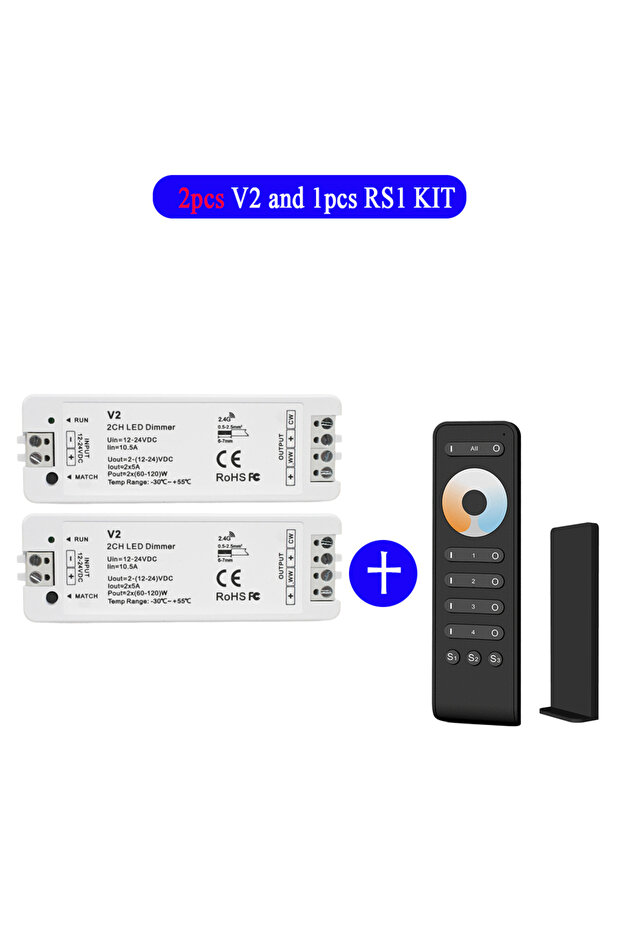 طقم 2xV2 و RS2 لتحكم في إضاءة LED بـ 4 مناطق، وحدة تحكم LED ثنائية اللون بجهد 12 فولت و24 فولت تيار مستمر، عجلة لمس V2 ثنائية القناة