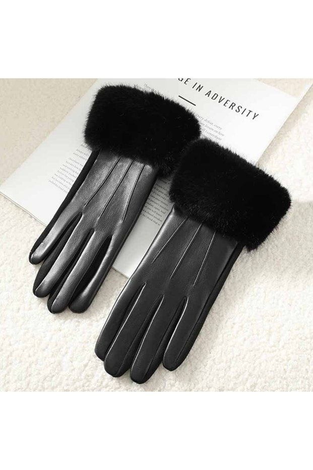One Size Black New Leather Fashionable Soft Gloves for Women Artificial Fur Cuffs Winter Warm Touch