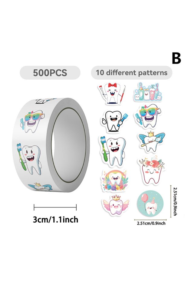 B 500pcs/Roll Dental Stickers Cartoon Decoration Tooth Shaped Sticker Label Sticker Dental Supplies.