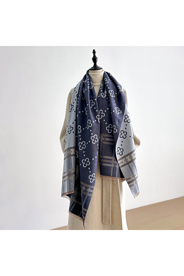 Navy Blue Women's Warm Winter Cashmere-Like Scarf - Thick Printed Pashmina Shawl, Blanket Wrap, Bufa