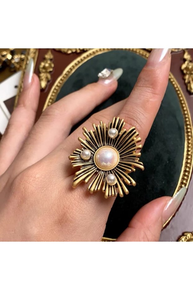Ring-ZA7188-1 Fashion Temperament Exaggerated Retro Imitation Pearl Metal Geometric Ring Earrings Wo