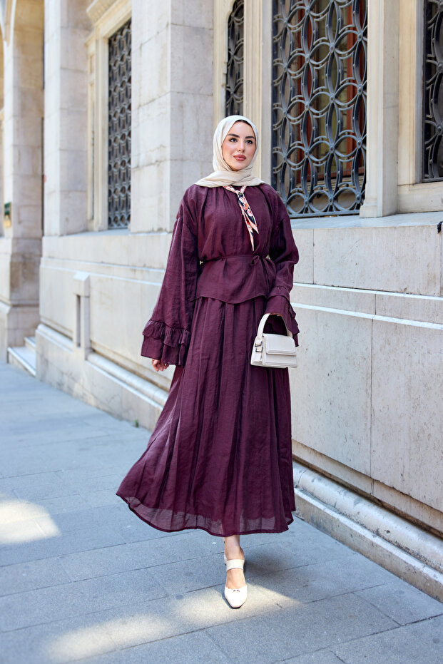 Women's Ruffle Sleeve Detailed Tulle Set with Inner Lining, Plum