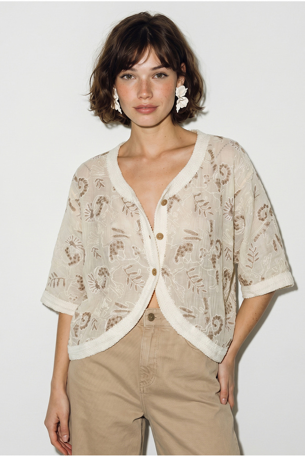 Women's Beige Embroidered V-Neck Buttoned Stripe Detailed Blouse 4216 60286423