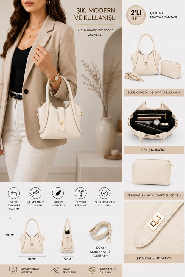 Women's Shoulder Bag Set of 2 with Hand and Crossbody Straps, Zippered, Large Internal Volume, Daily Stylish
