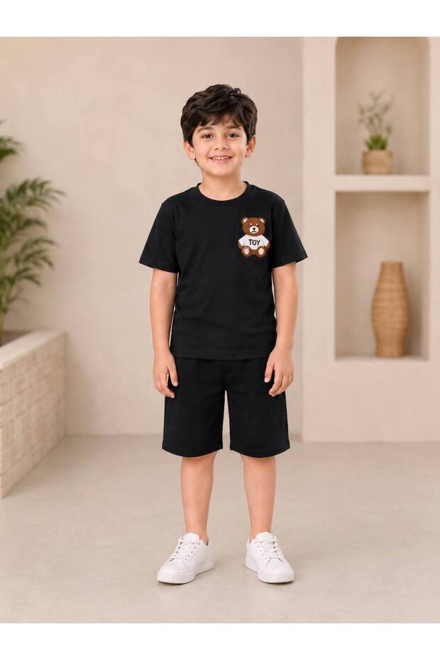 Boy's Teddy Bear Detailed T-Shirt and Shorts 2-Piece Summer Set 4-12 Years Old