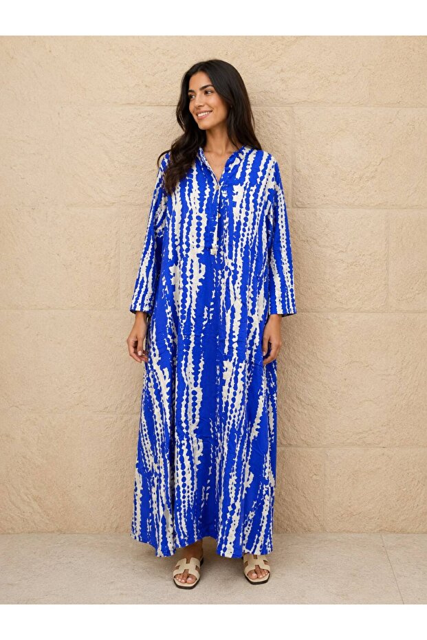 Women's Patterned Long Sleeve Viscose Fabric 3-Button Dress 40-46