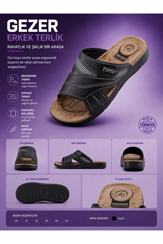 Black Men's Teliği Shoes 1 Piece Ergonomic Sole Non-Slip Sole Durable Magzeme Light and Comfortable