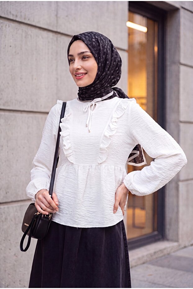 Tie-Neck, Ruffled Front, Elastic Sleeves, Crinkle Blouse -White