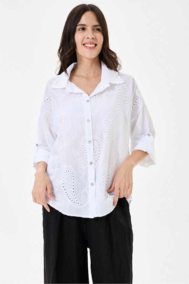 Women's White Italian Shawl Pattern Scalloped Folded Long Sleeve Oversize Poplin Shirt 40 - 46 Size