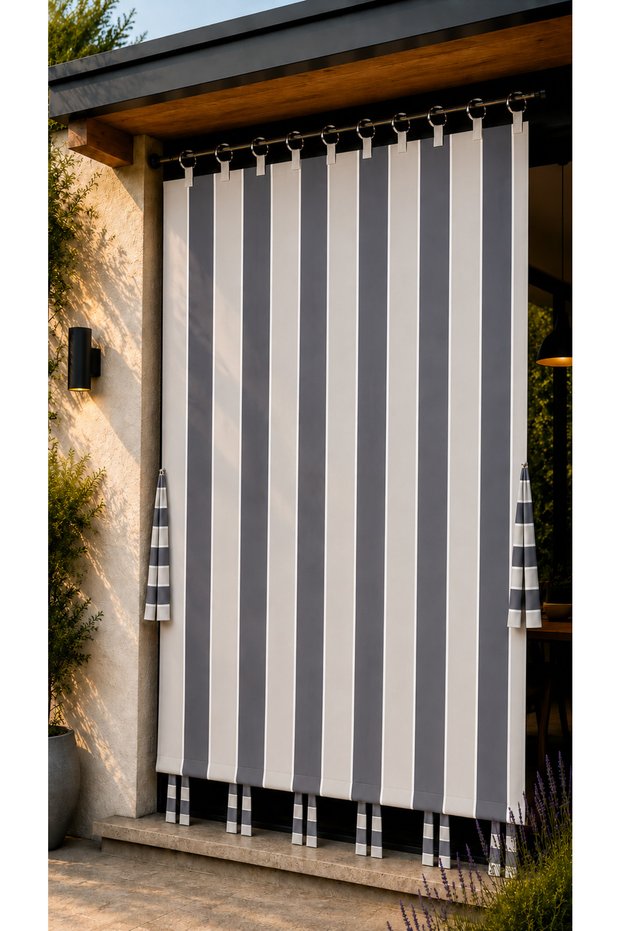 Anthracite Gray Balcony Curtain with Iron Rings – Outdoor Sunshade Curtain with Ties