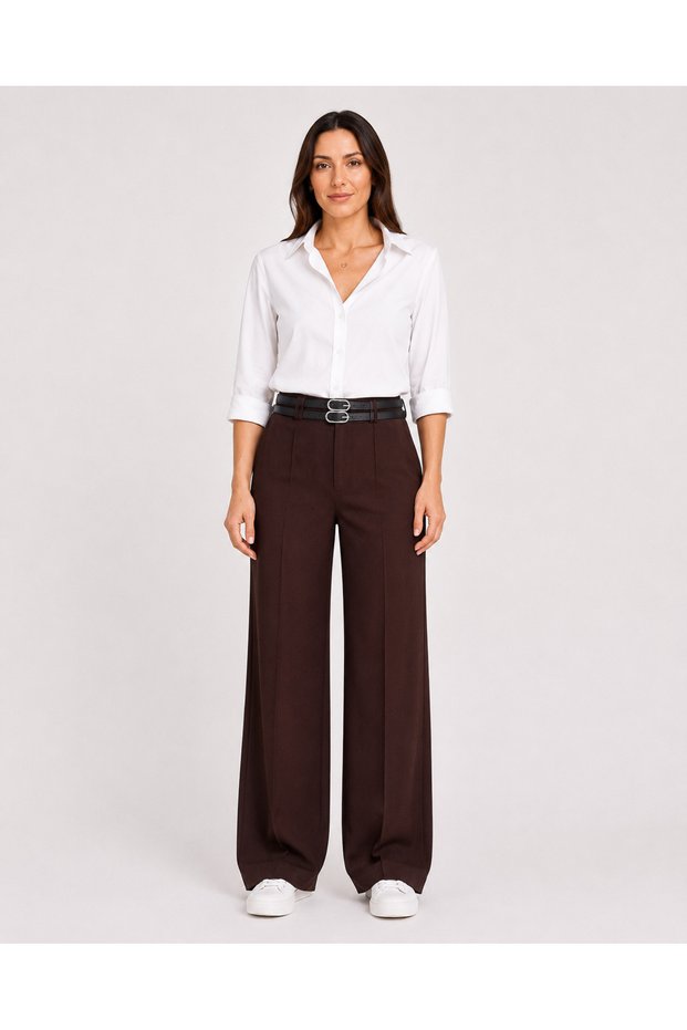 Women's Coffee Color Double Belt Detailed High Waist Comfortable Wide Leg Palazzo Trousers