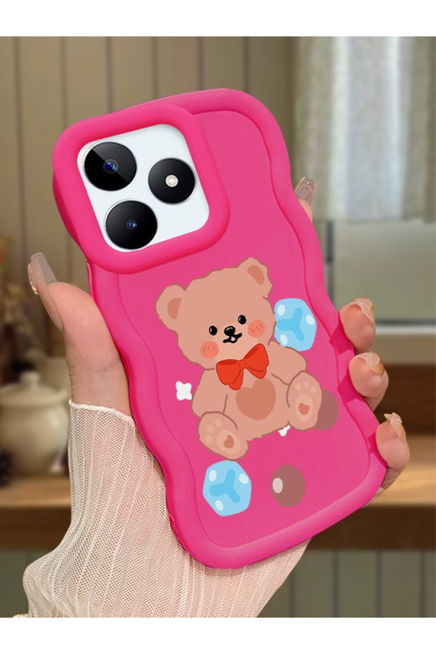 Realme Note 50 Compatible Case Camera Protector Red Silicone Couple Phone Case Bear Pattern