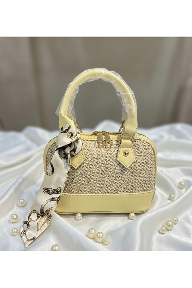 Scarf Detailed Straw & Leather Combination Women's Shoulder Bag