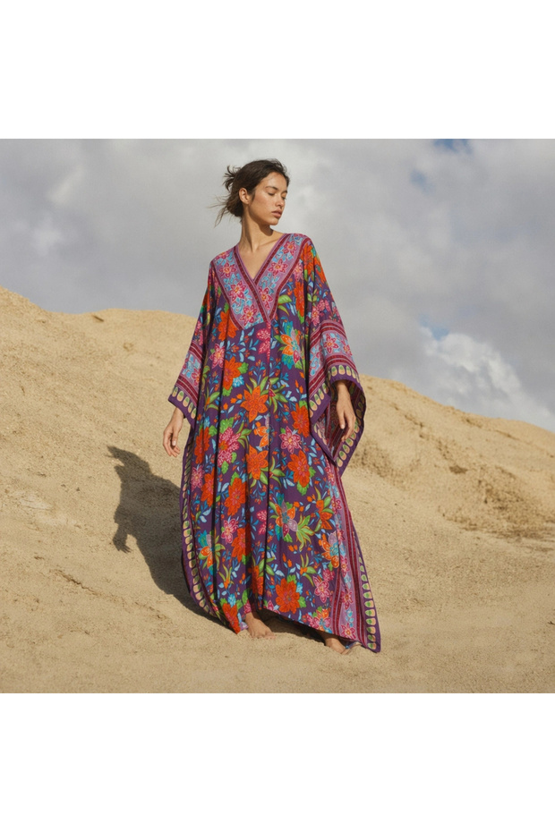 Phuket Flower-Patterned Viscose Kaftan Dress