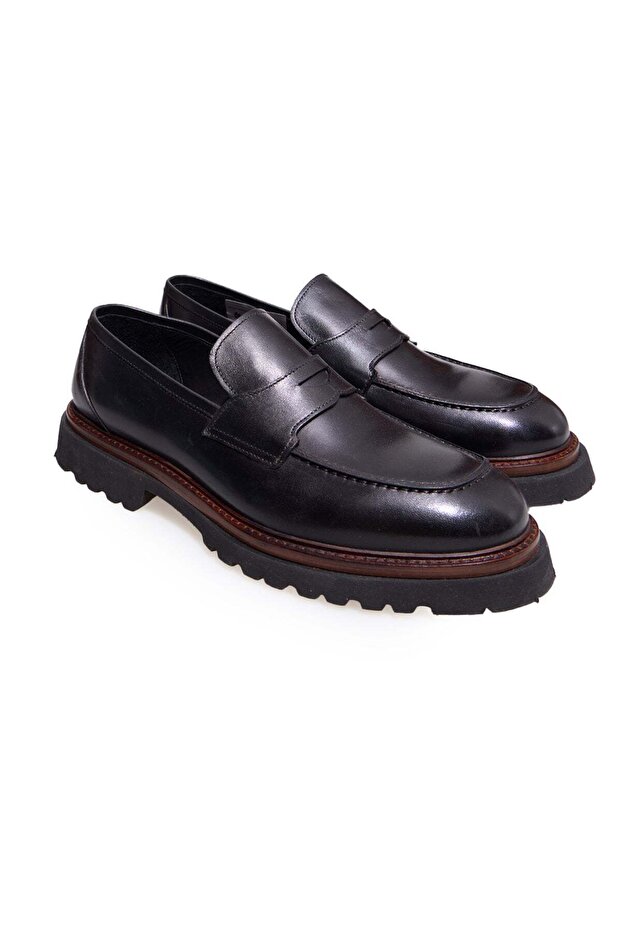 Black Color Laceless Genuine Leather Men's Shoes