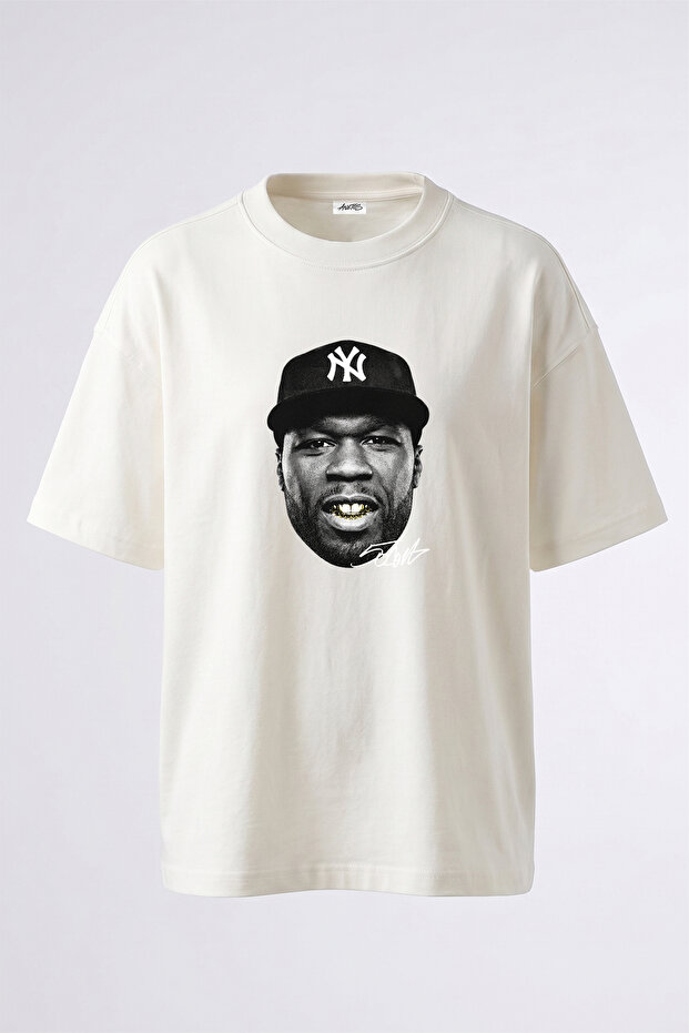 تي شيرت أبيض كبير الحجم مطبوع بتصميم 50 Cent_17 للجنسين