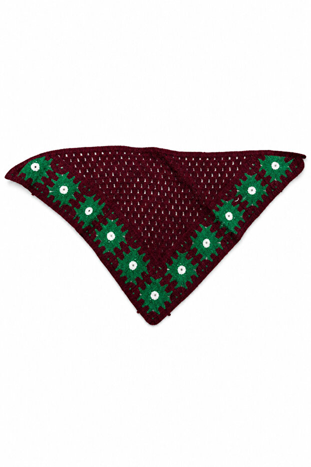 Hand Knitted Burgundy Green Patterned Triangle Bandana Scarf Hair and Neck Accessory