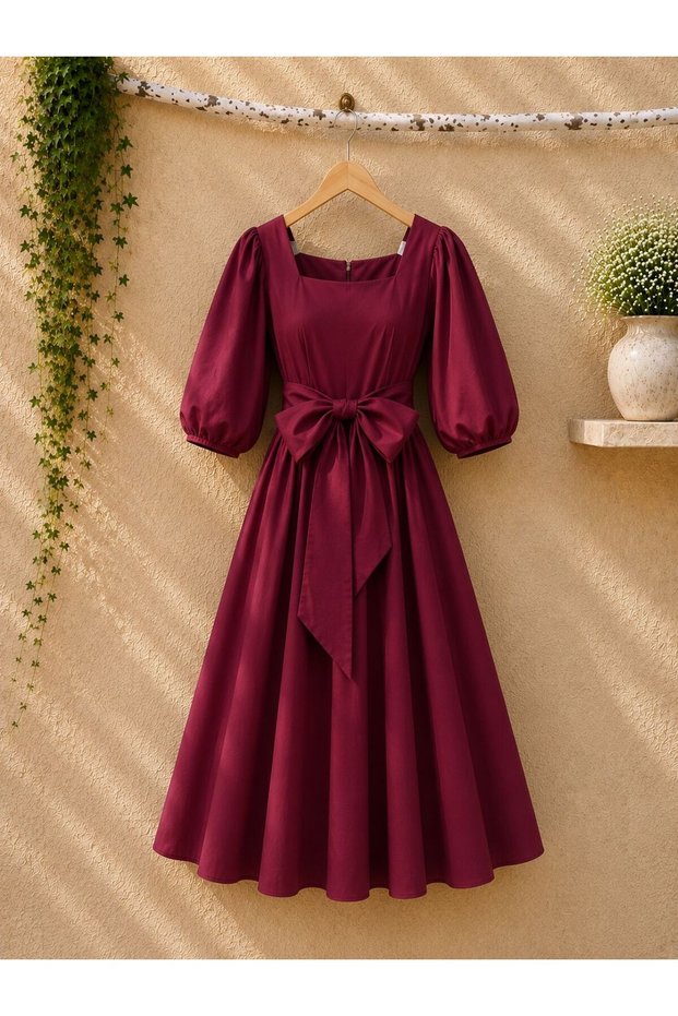 Burgundy Big Bow Flared Square Neck Poplin Dress