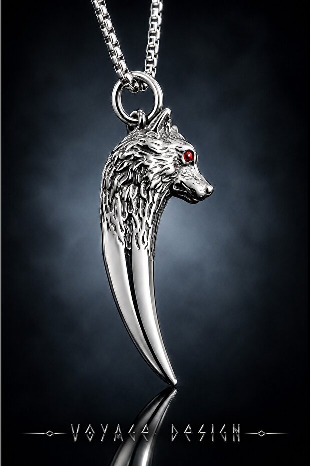 Stainless Steel Red Zircon Eyed Wolf Pendant