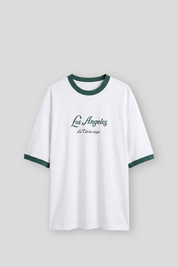 Men's Super Oversize La Printed Contrast Collar T-Shirt White