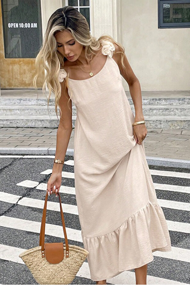 Women's Rose Strap Crinkle Textured Ruffle Maxi Dress