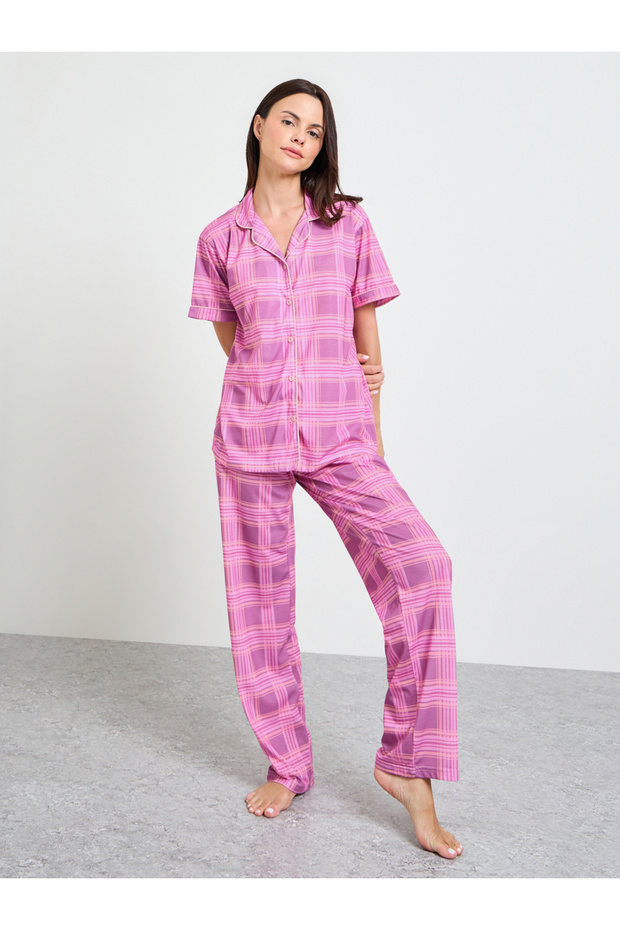 Pink Check Short Sleeve Shirt and Placket Detail Pyjama Set