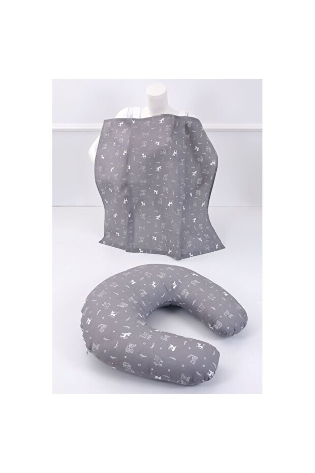 Comfortable Breastfeeding Pillow and Bib Set, Cotton Fabric, Gray Cat Design