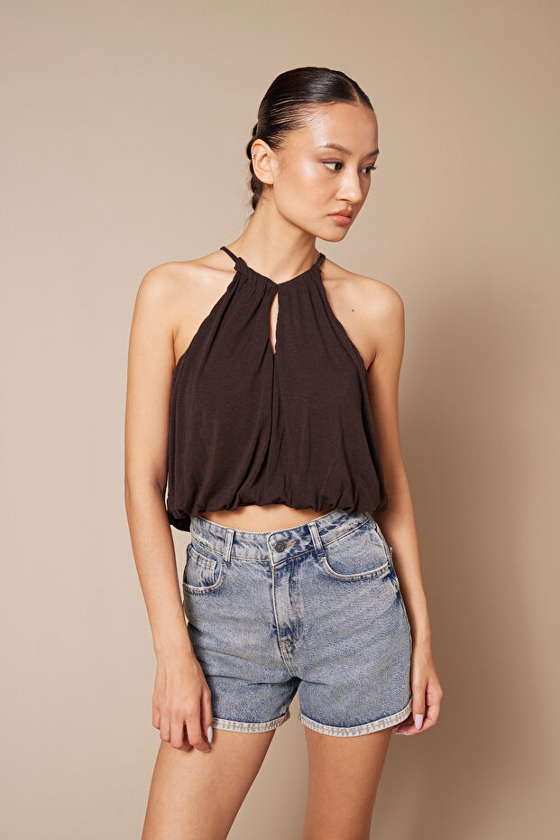 Halter Neck Balloon Crop Top with Window Detail Brown