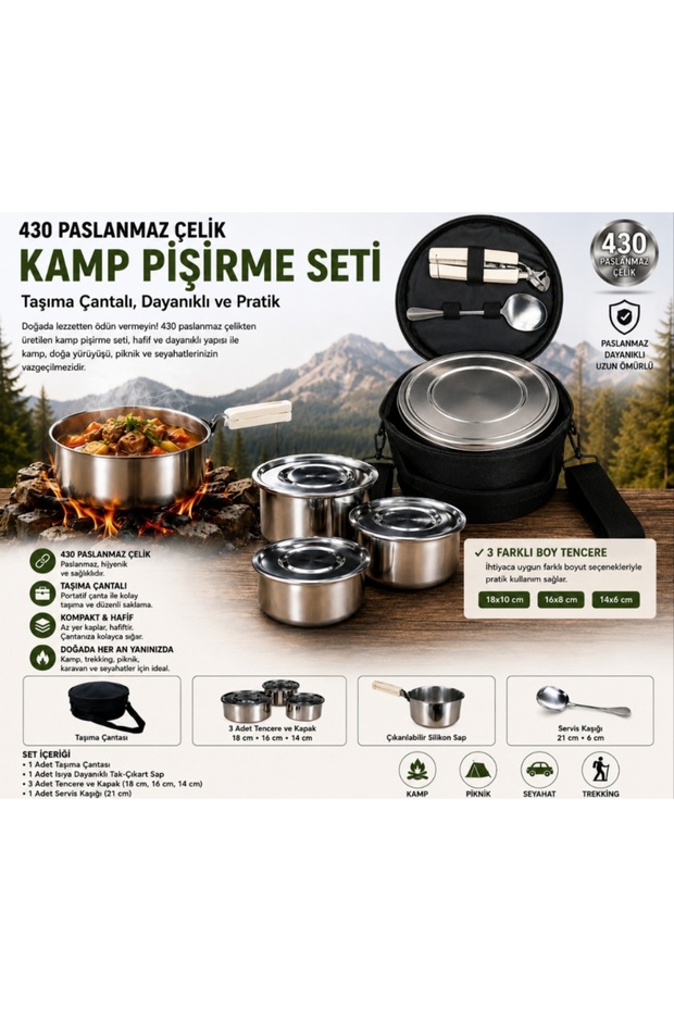 Paslanmaz Çelik Kamp Pişirme Seti