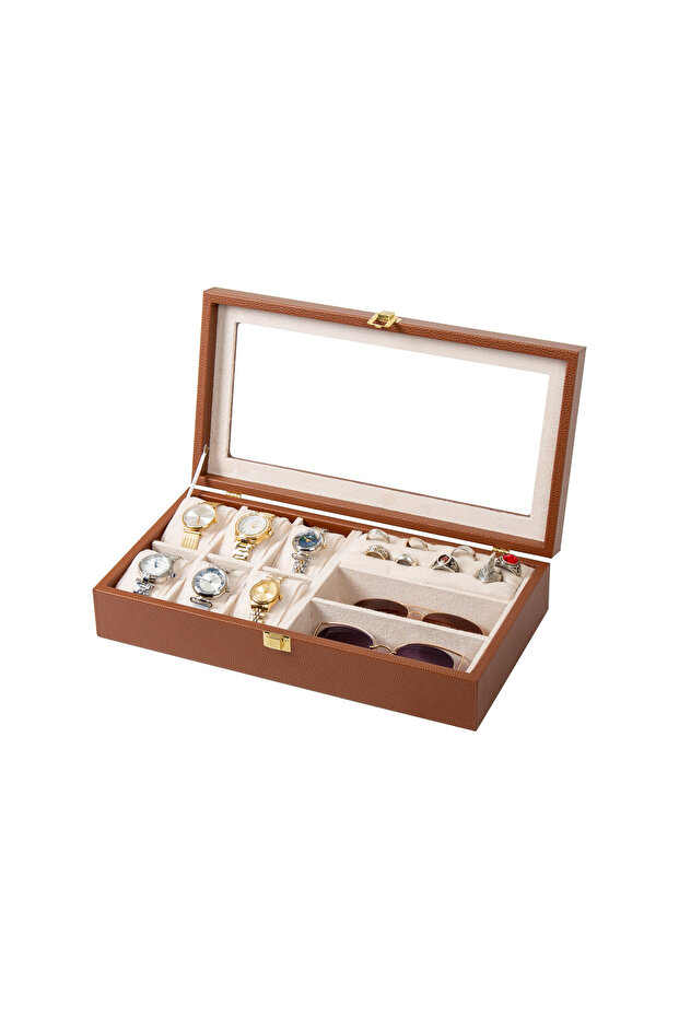 Multi-Purpose Leather Jewelry, Watch, and Glasses Organizer Box with Glass Lid
