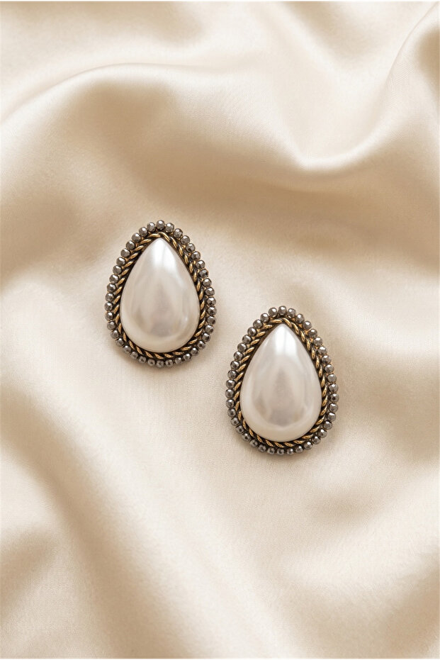 White Drop Pearl Earrings with Antique Detail