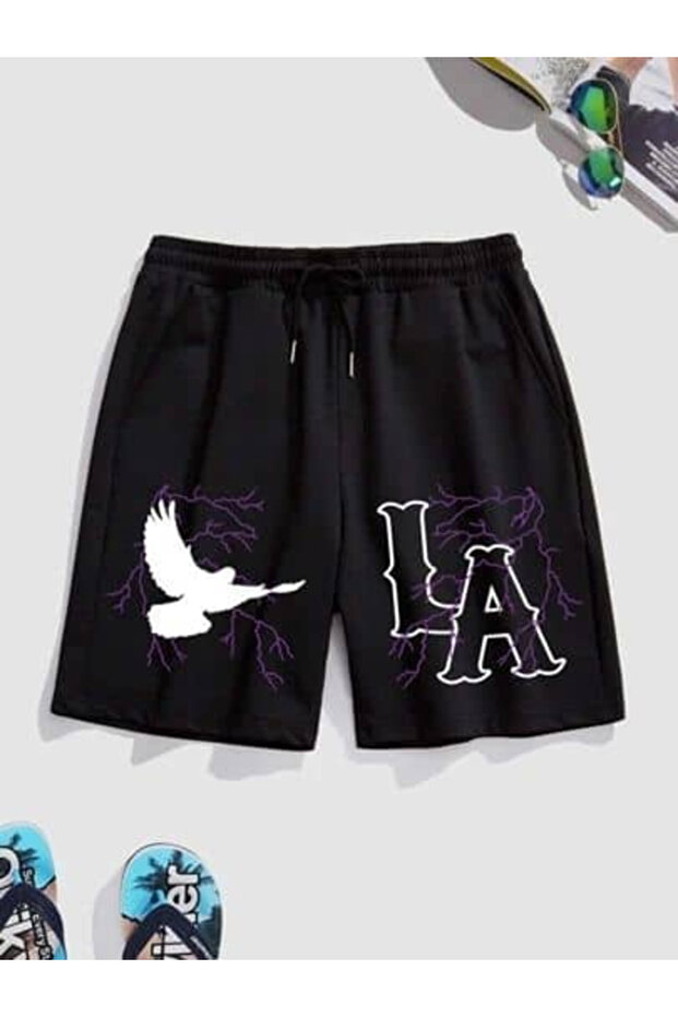 Hanangiyim Black Shorts Printed Comfortable Fit Elastic Waist Daily Sports Summer