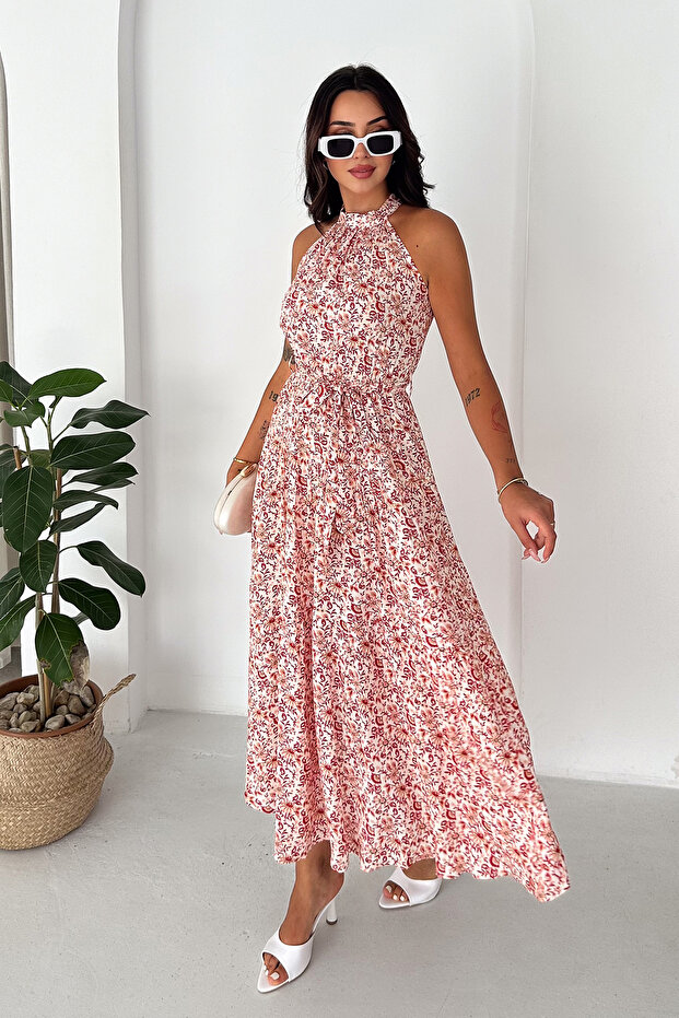 Women's Halter Neck Patterned Long Dress – Stylish Design with Belt