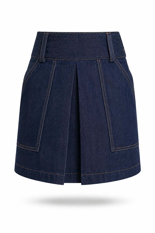 Navy Blue Contrast Stitched Pleated Denim Skirt 4531