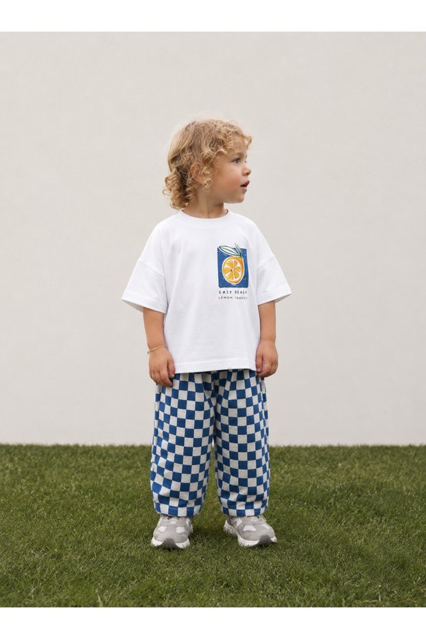 Unisex Children's Checkered Patterned Cotton Woven Fabric Summer Trousers + T-Shirt Set