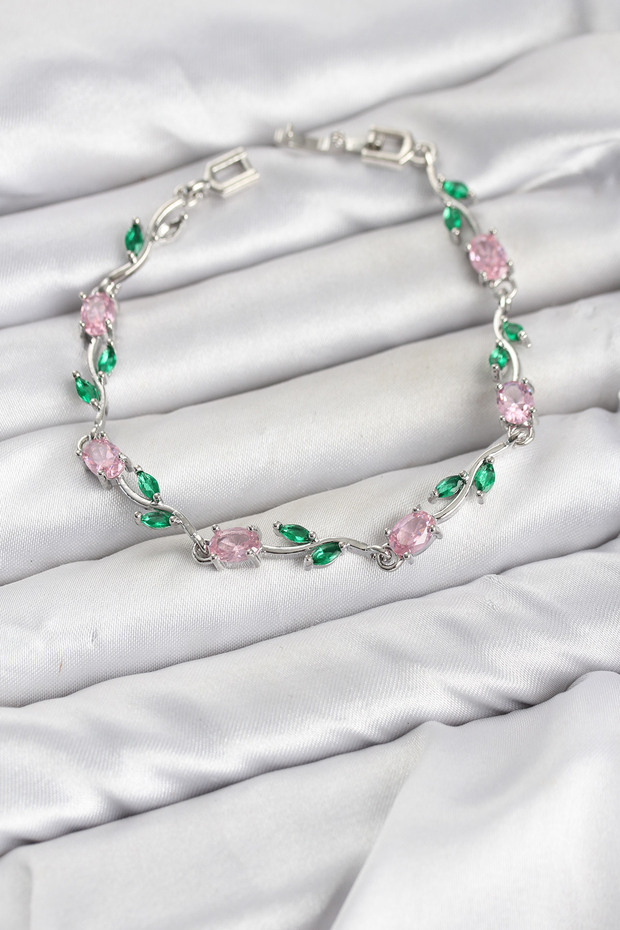 Brass Silver Color Pink Zircon Stone Flower Model Women's Bracelet