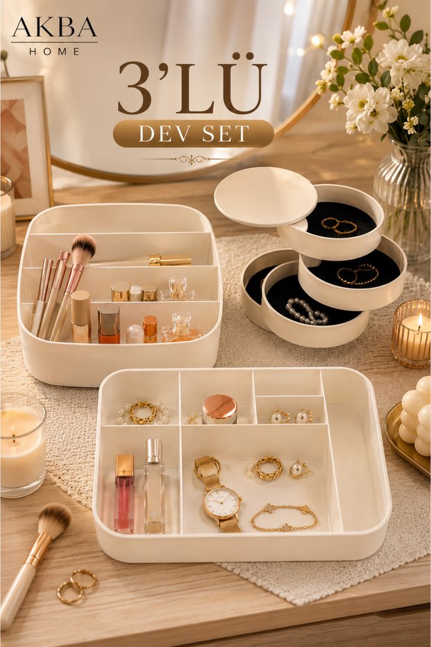 3-Piece Jewelry and Makeup Organizer Set, Drawer Organizer, Rotating Jewelry Box and Cosmetic Organizer