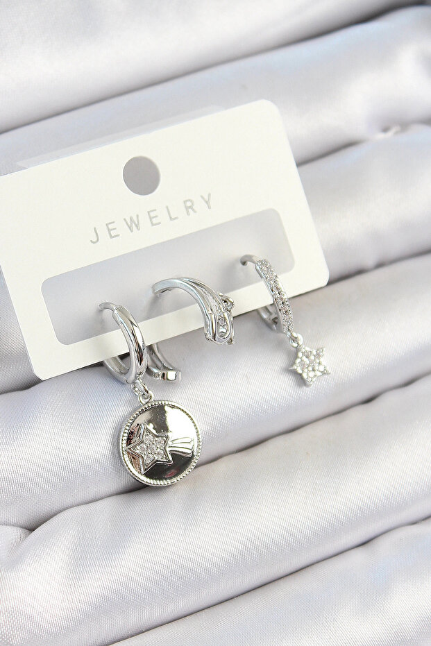 Brass Zircon Stone Dangle Star Model Silver Color 3-Piece Double Women's Earring Set
