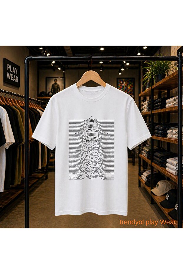Kayık Line Printed 100% Cotton Oversize Loose Regular Fit Crew Neck T-Shirt
