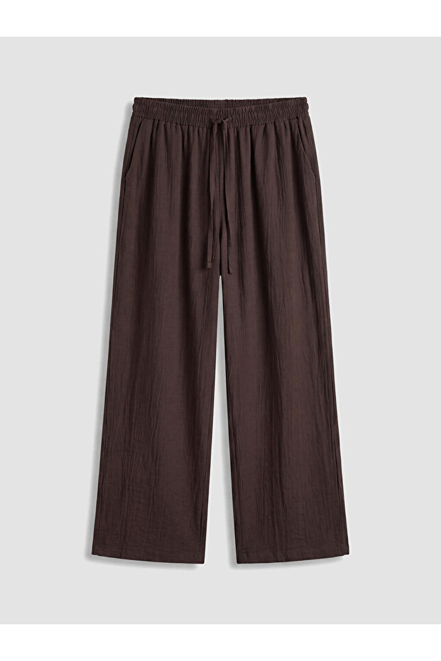 Brown Wide Leg Women's Trousers with Elastic Waist