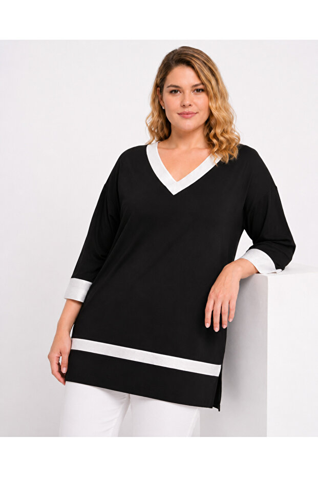 Women's Plus Size Black-White, Silver Stone Detailed, V-Neck Viscose Blouse 65N39588