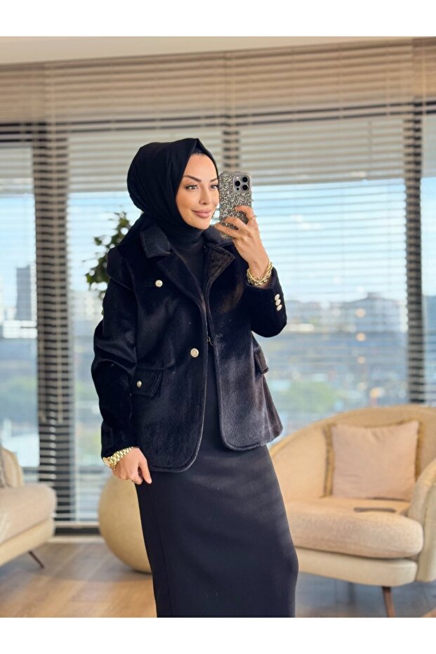 1005252 Fox Fur Blazer Jacket Black